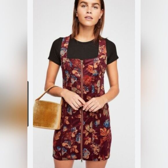 NWT Free People Dark Red Floral Corduroy Front Zip Mini Dress Women’s Size 12 - Picture 1 of 8